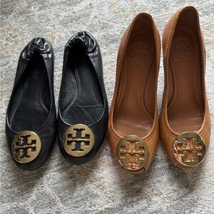 Tory Burch Black and brown wedge with Gold Emblem